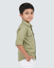 Boys' olive green short-sleeve cotton button-up shirt with chest pocket