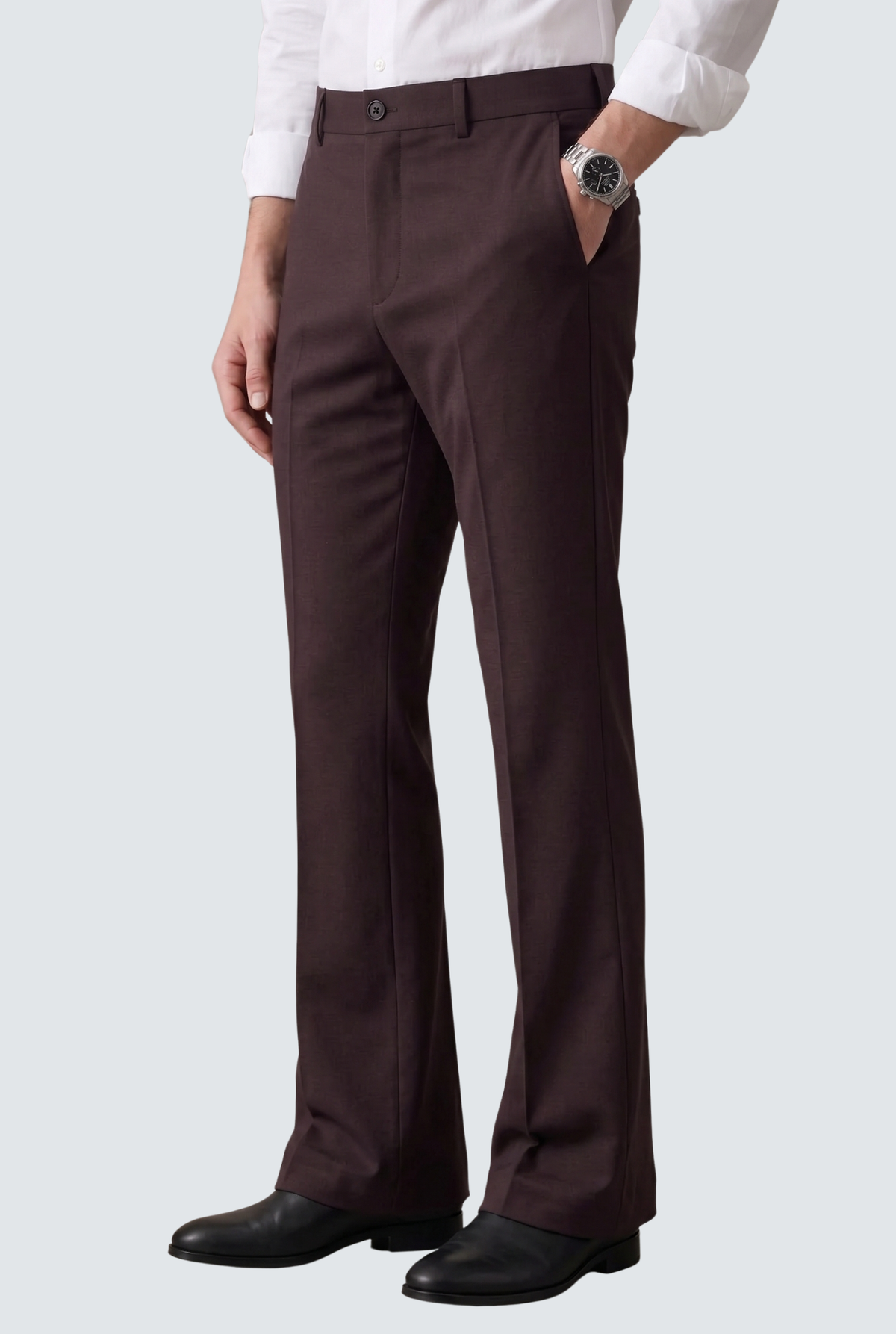 Dark purple bootcut trousers with belt loops and pleated front