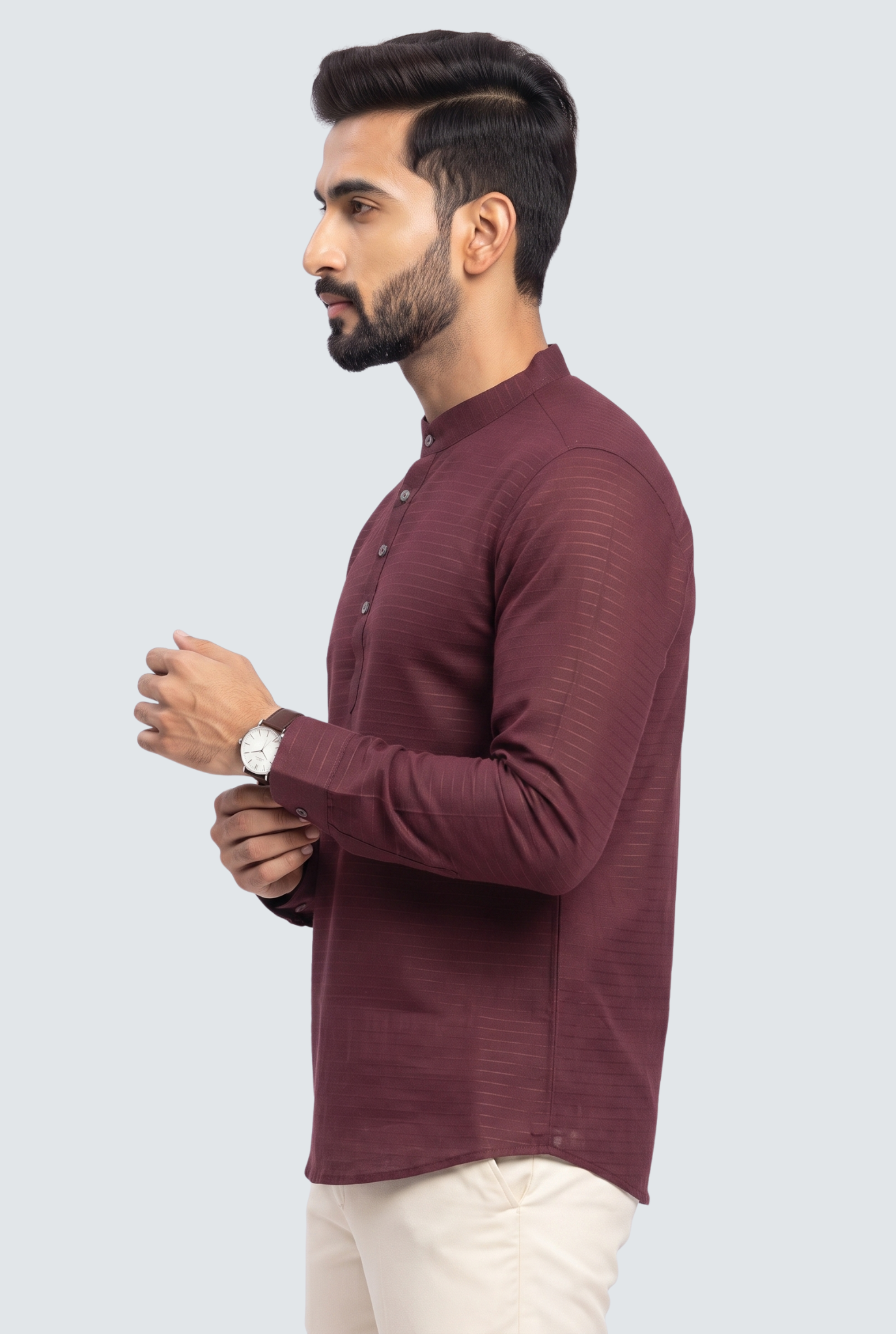 Men's short wine kurta with mandarin collar and four-button placket, side view
