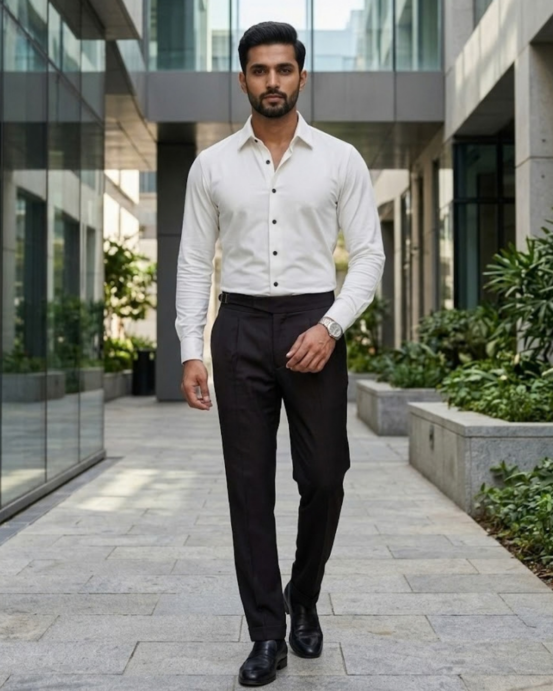 White button-up shirt with long sleeves and dark button placket on model