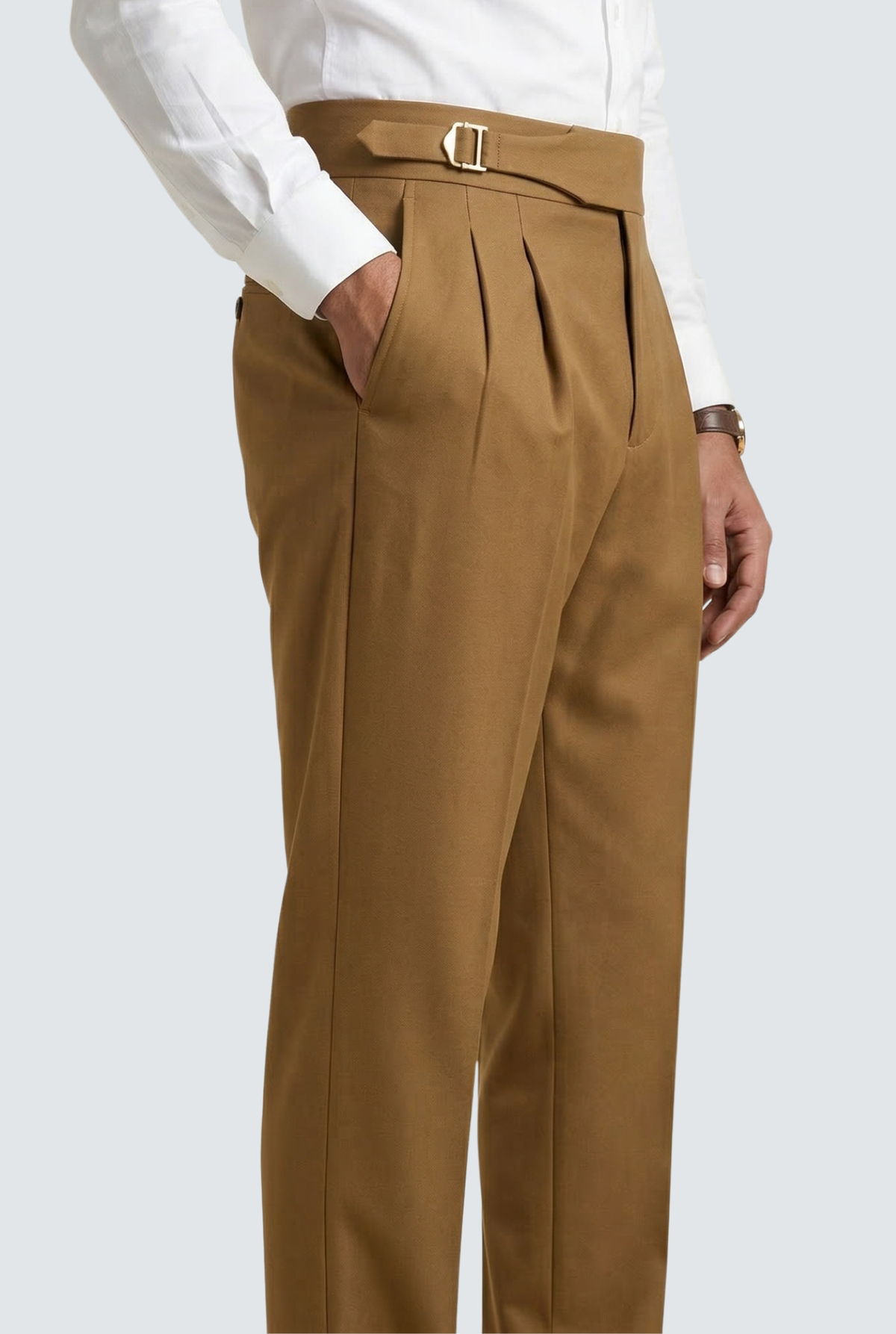 Men's golden-brown dress trousers with belt and pleated front, straight legs