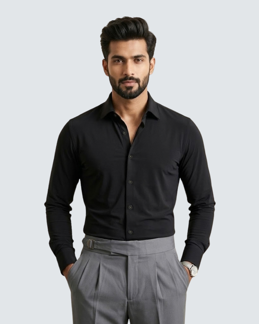 Black long-sleeve button-up shirt with spread collar