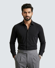 Black long-sleeve button-up shirt with spread collar