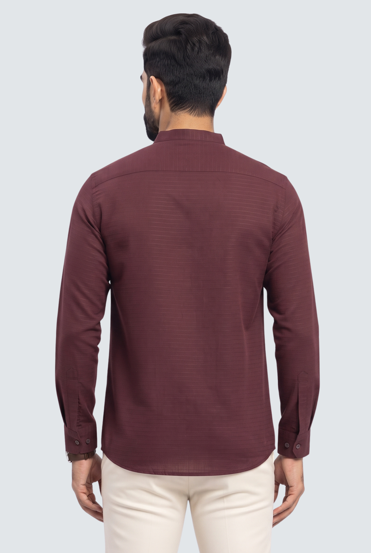 Men's short wine kurta, back view with band collar and buttoned cuffs