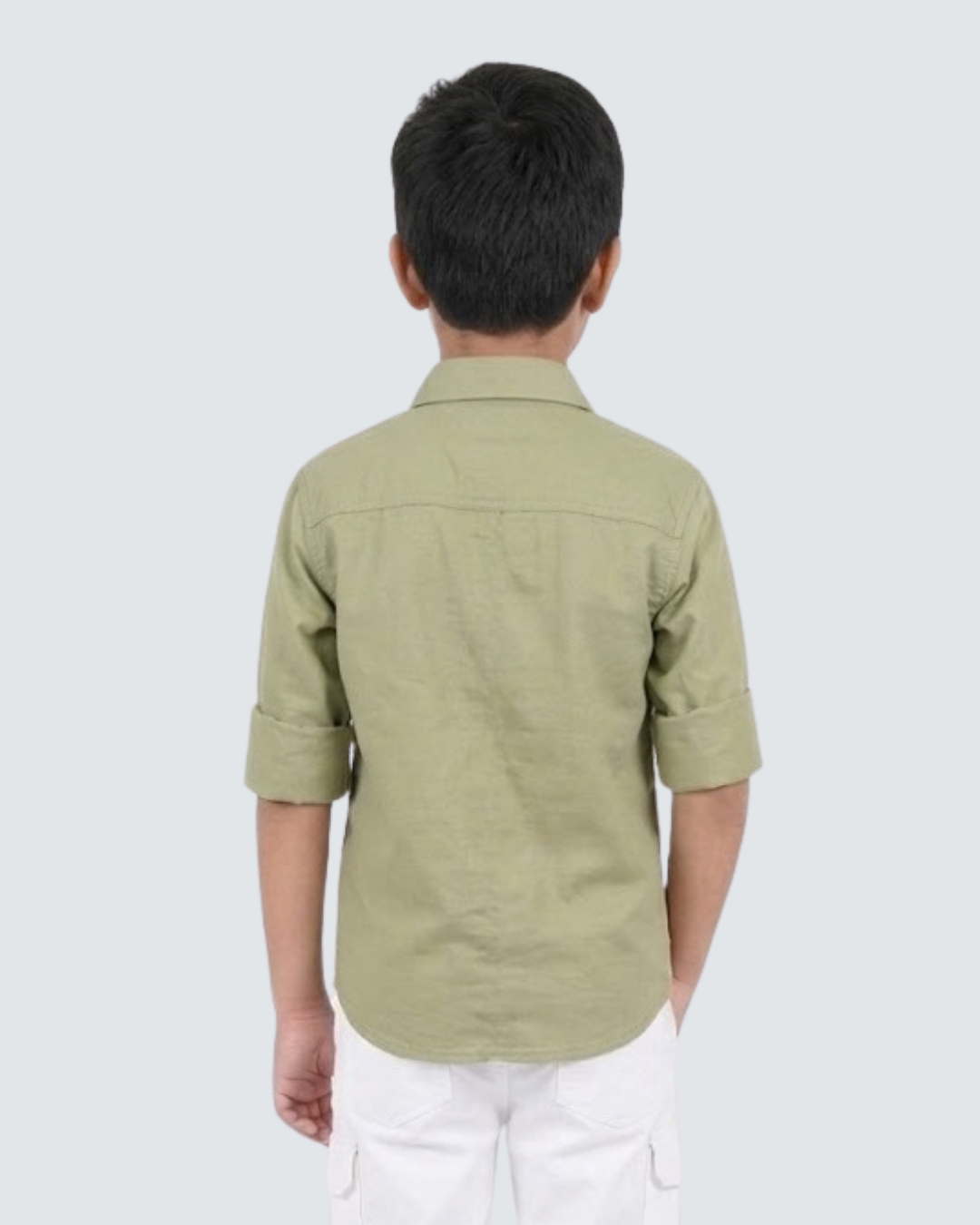 Boys' olive green cotton button-up shirt, back view