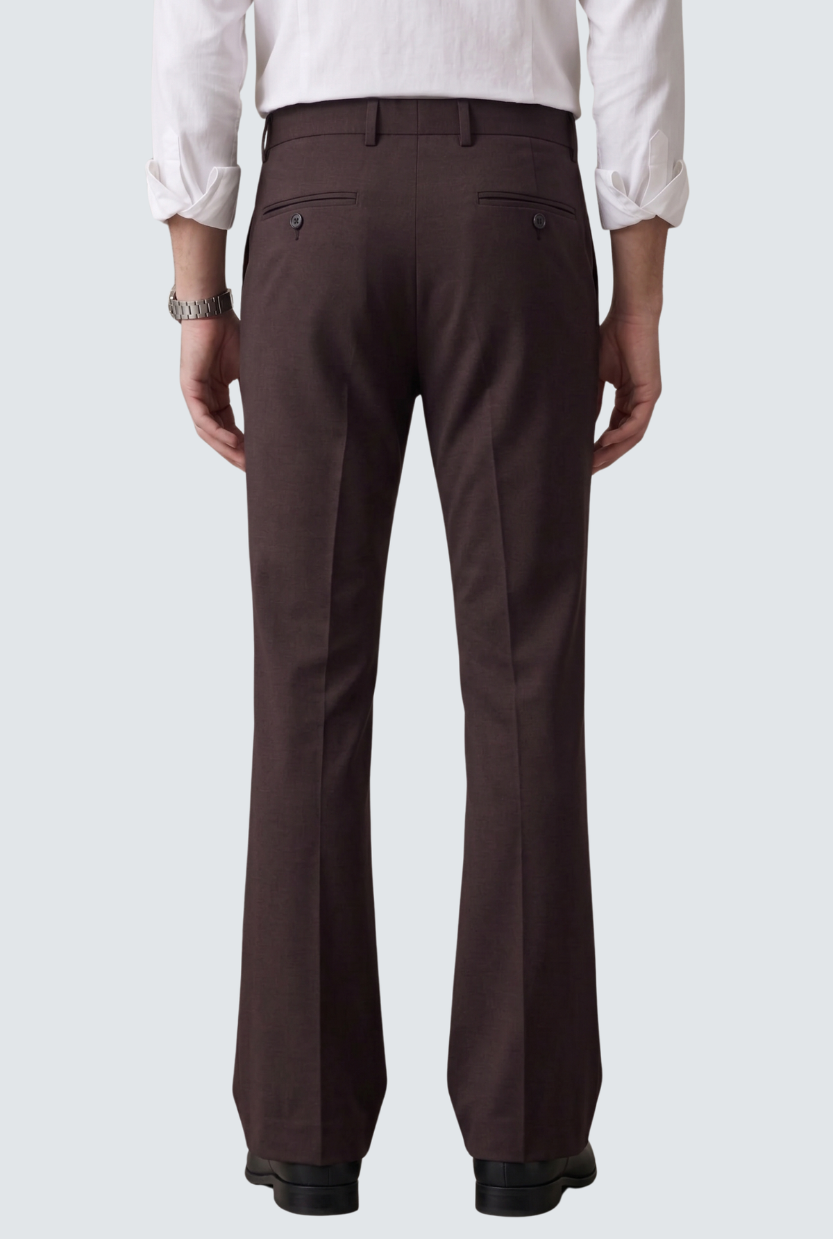 Dark purple bootcut trousers with front pockets and button closure