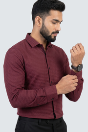 Men's maroon textured button-up shirt with long sleeves and front buttons