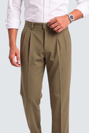 Men's olive green gurkha straight-fit trousers, pleats at waistband, button fly, belt loops