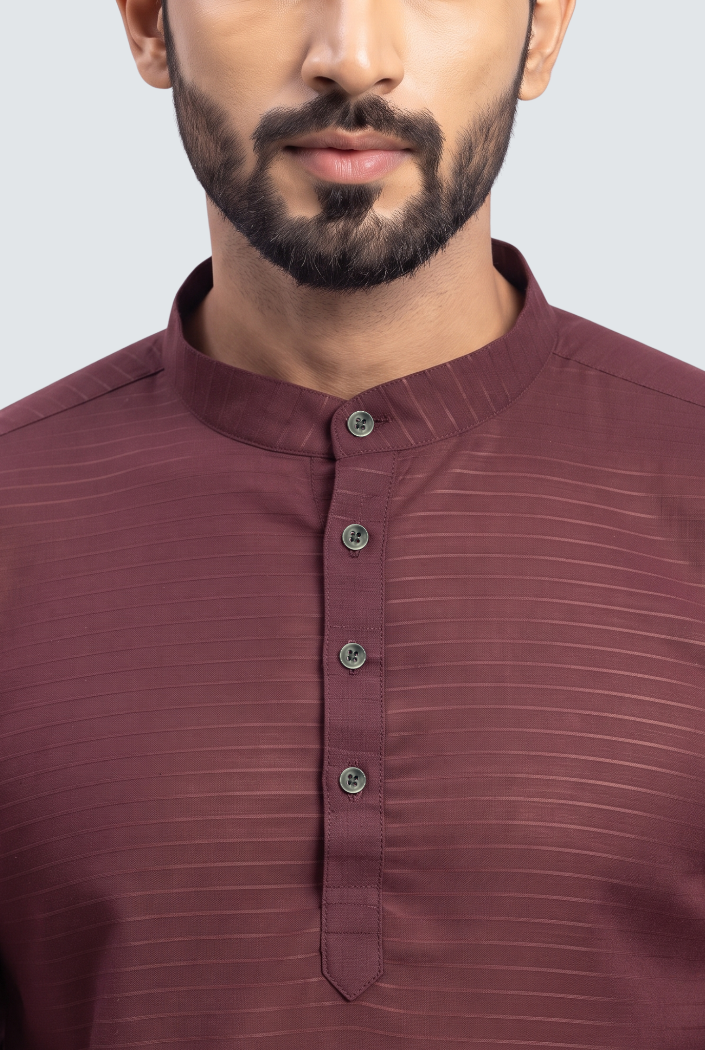 Men's short wine kurta neckline with mandarin collar and four front buttons
