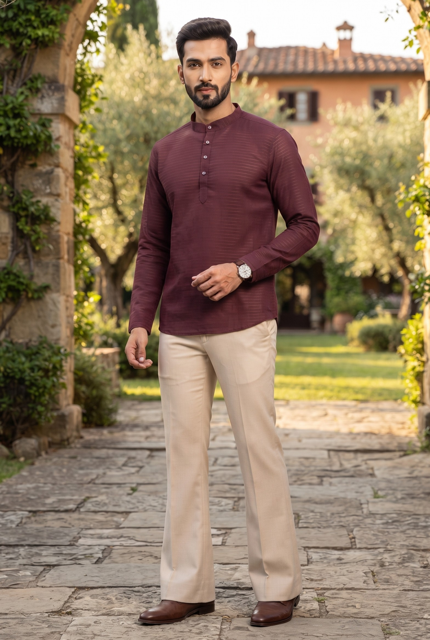 Men's short wine kurta with button placket and mandarin collar, standing full-length