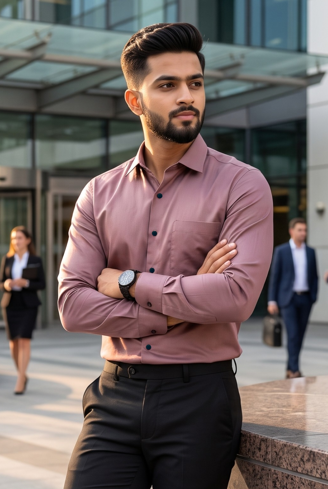 Dusty mauve long-sleeve satin cotton shirt with button front and chest pocket