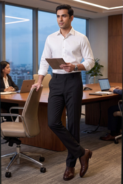Black slim-fit regular trousers with belt loops and pressed front crease