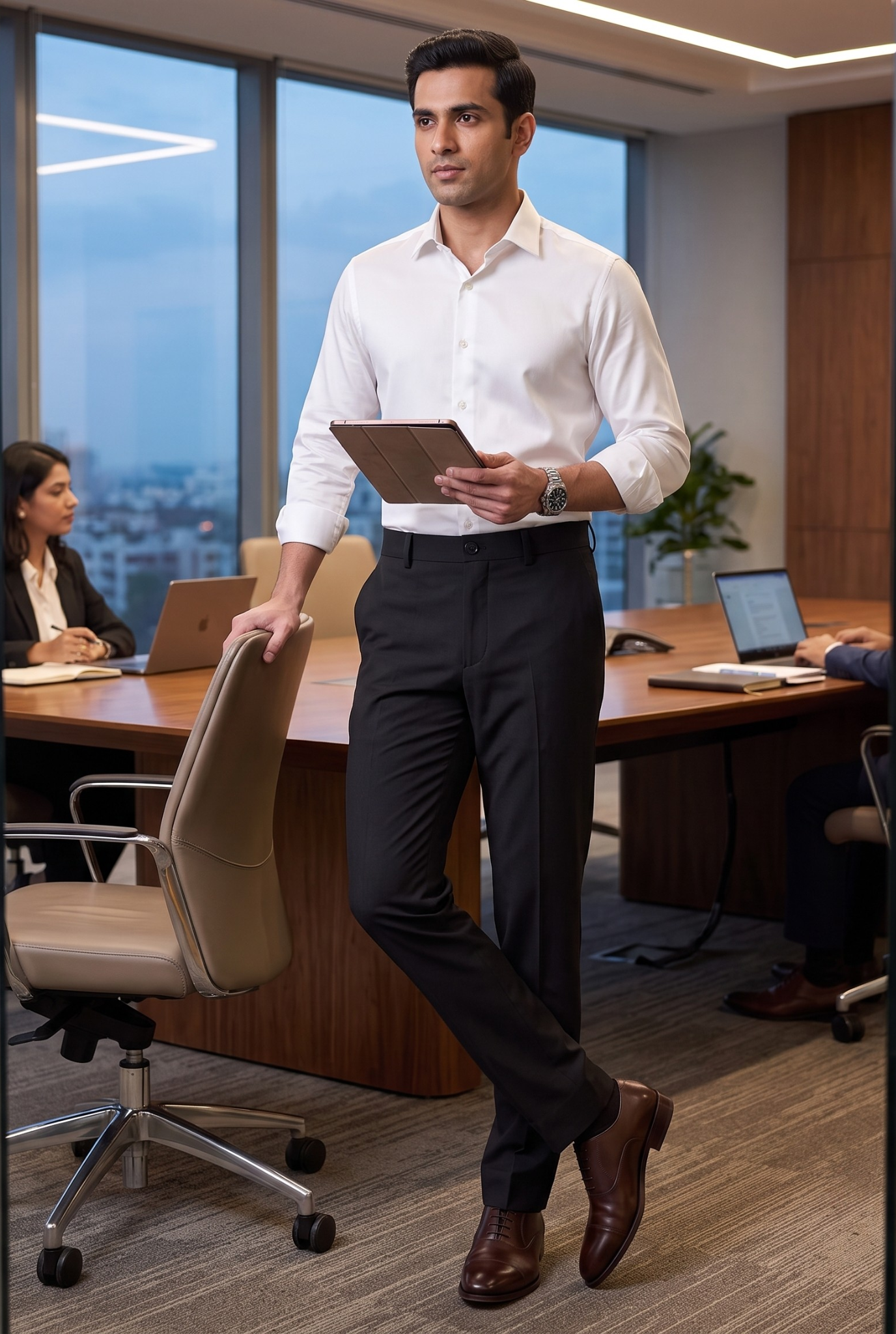Black slim-fit regular trousers with belt loops and pressed front crease