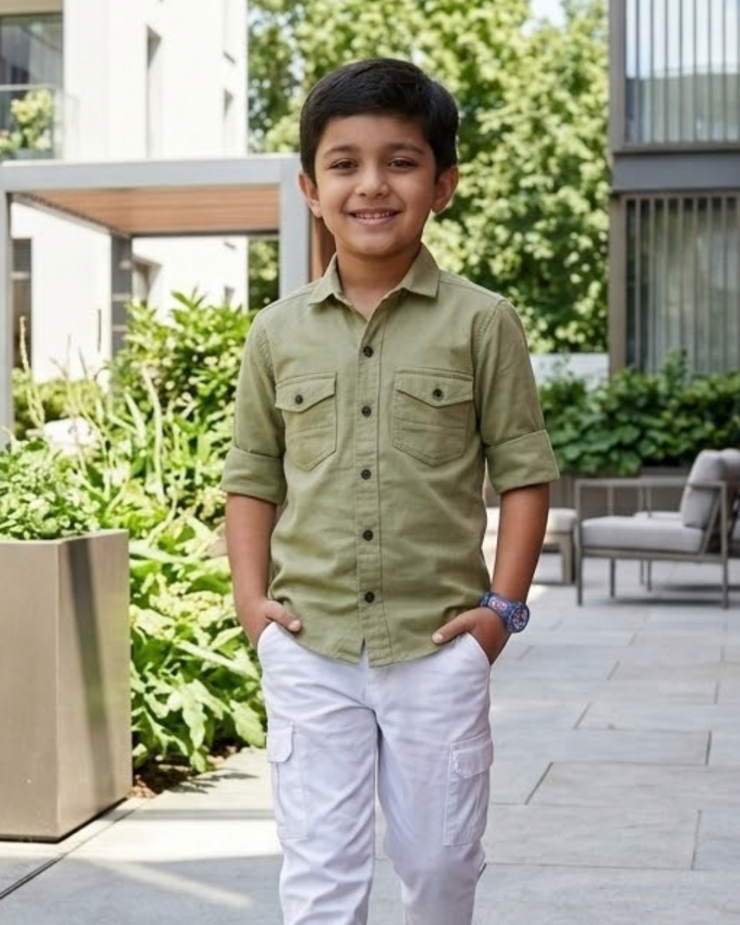 Boys' olive green cotton button-up shirt with short sleeves and chest pockets