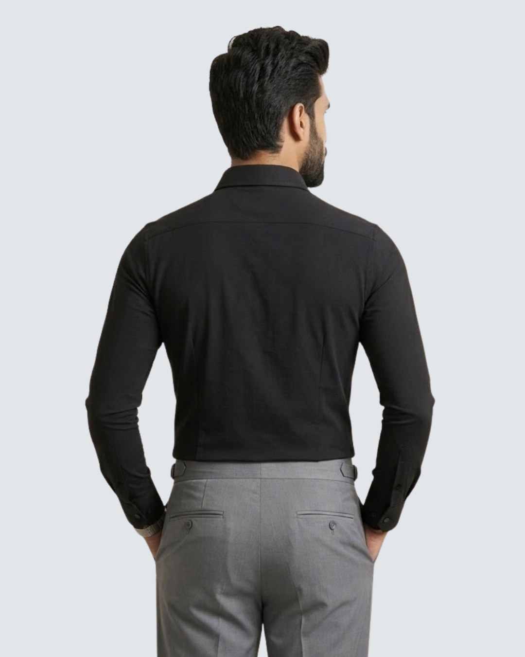 Black long-sleeve shirt, back view