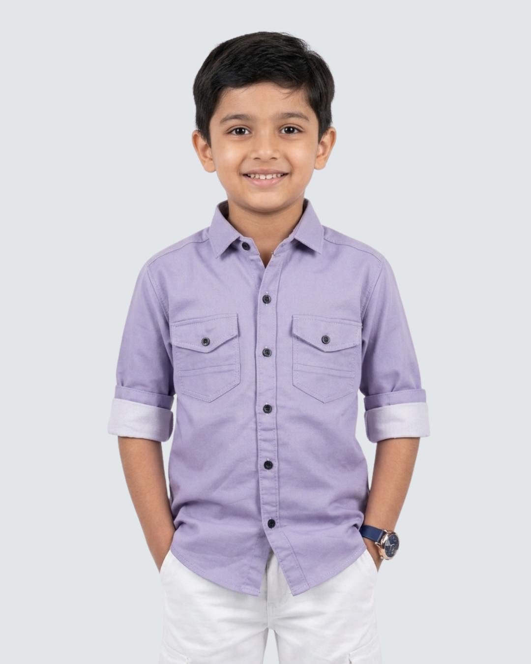 Boys lavender short-sleeve button-up shirt with two chest pockets