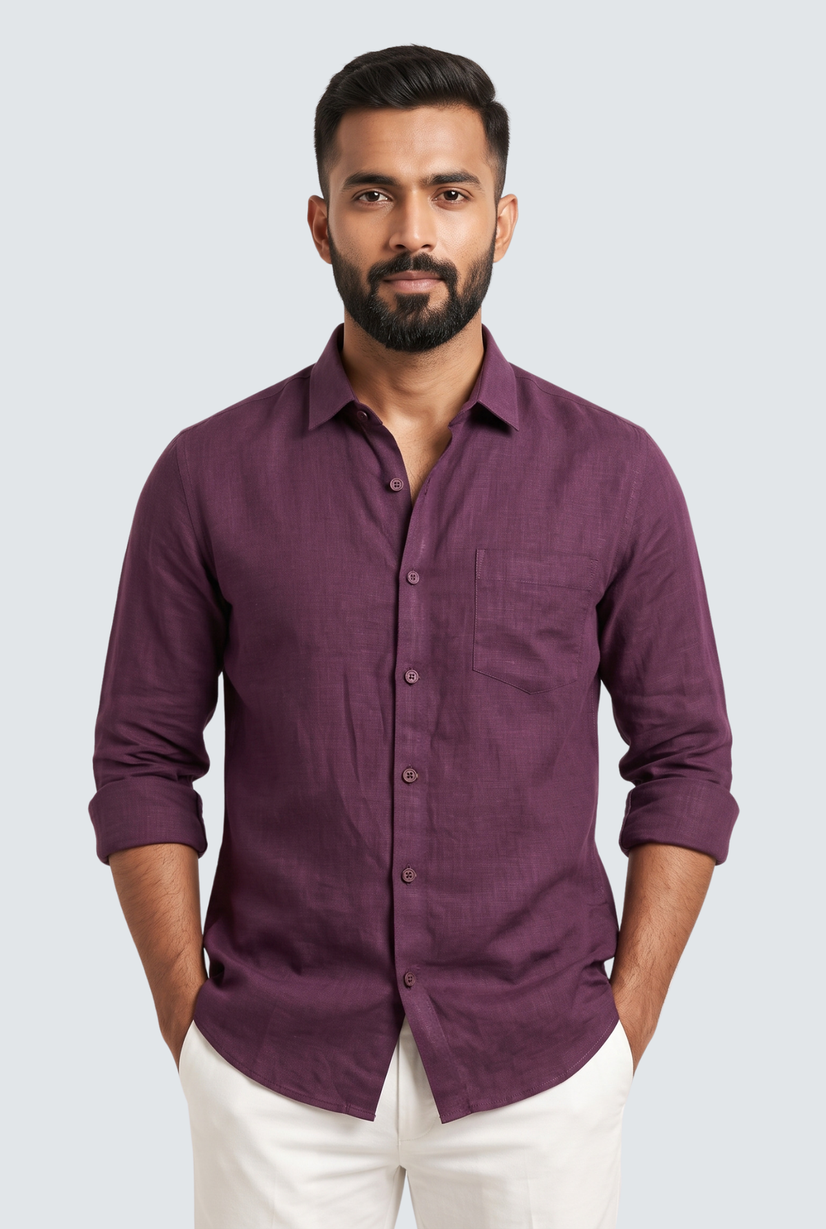Wine-colored linen shirt, front button-up with sleeves cuffed