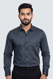 Men's dark grey button-up shirt with long sleeves and chest pocket