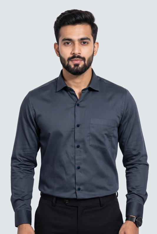 Men's dark grey button-up shirt with long sleeves and chest pocket
