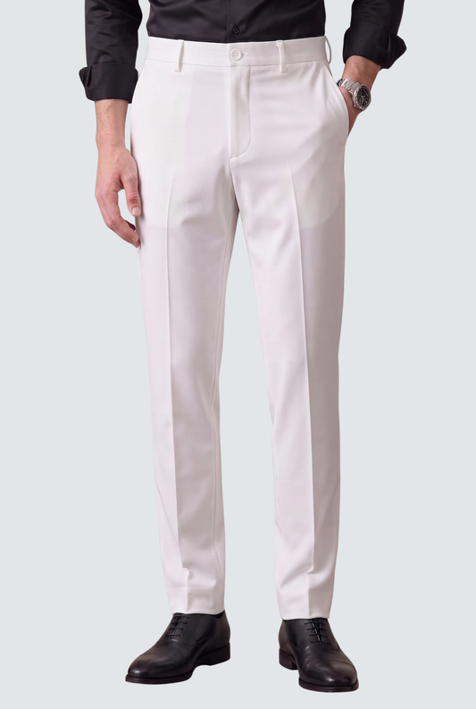 Men's white slim-fit trousers with front creases, belt loops, and button closure