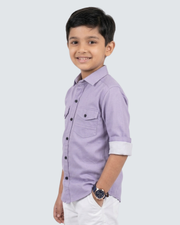 Boys lavender short-sleeve button-up shirt, side view, two chest pockets