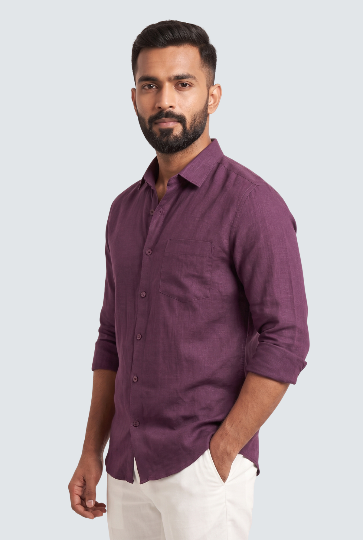 Wine-colored linen shirt, three-quarter front view, side pocket visible