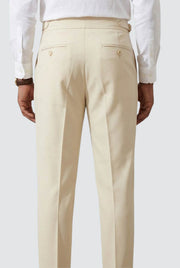 Cream trousers front view with belt loops and button back pockets