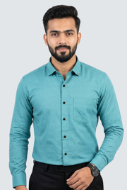 Men's slim-fit dobby cotton shirt in teal blue, button-front with chest pocket.