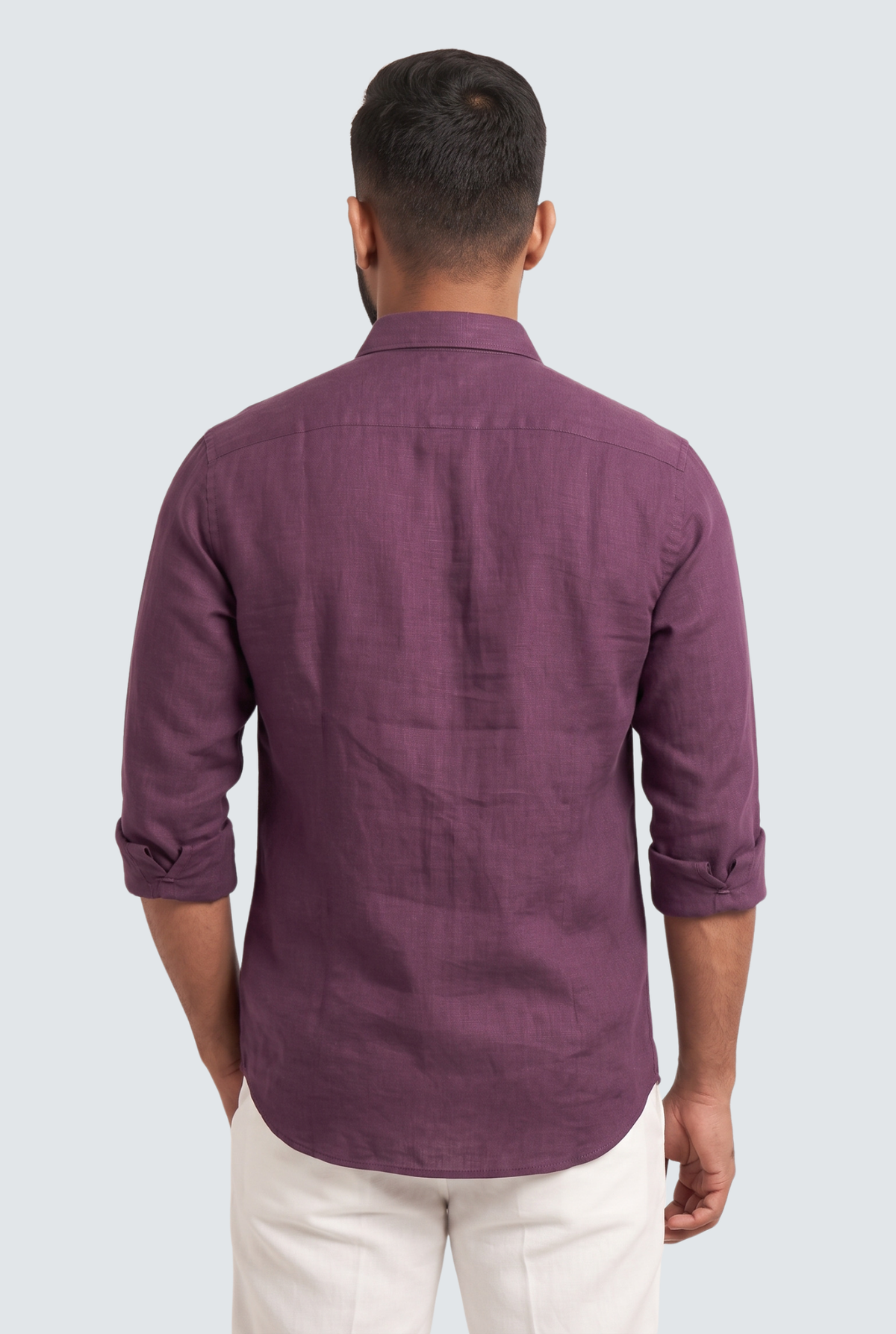 Wine-colored linen shirt, back view, button-up with rolled sleeves