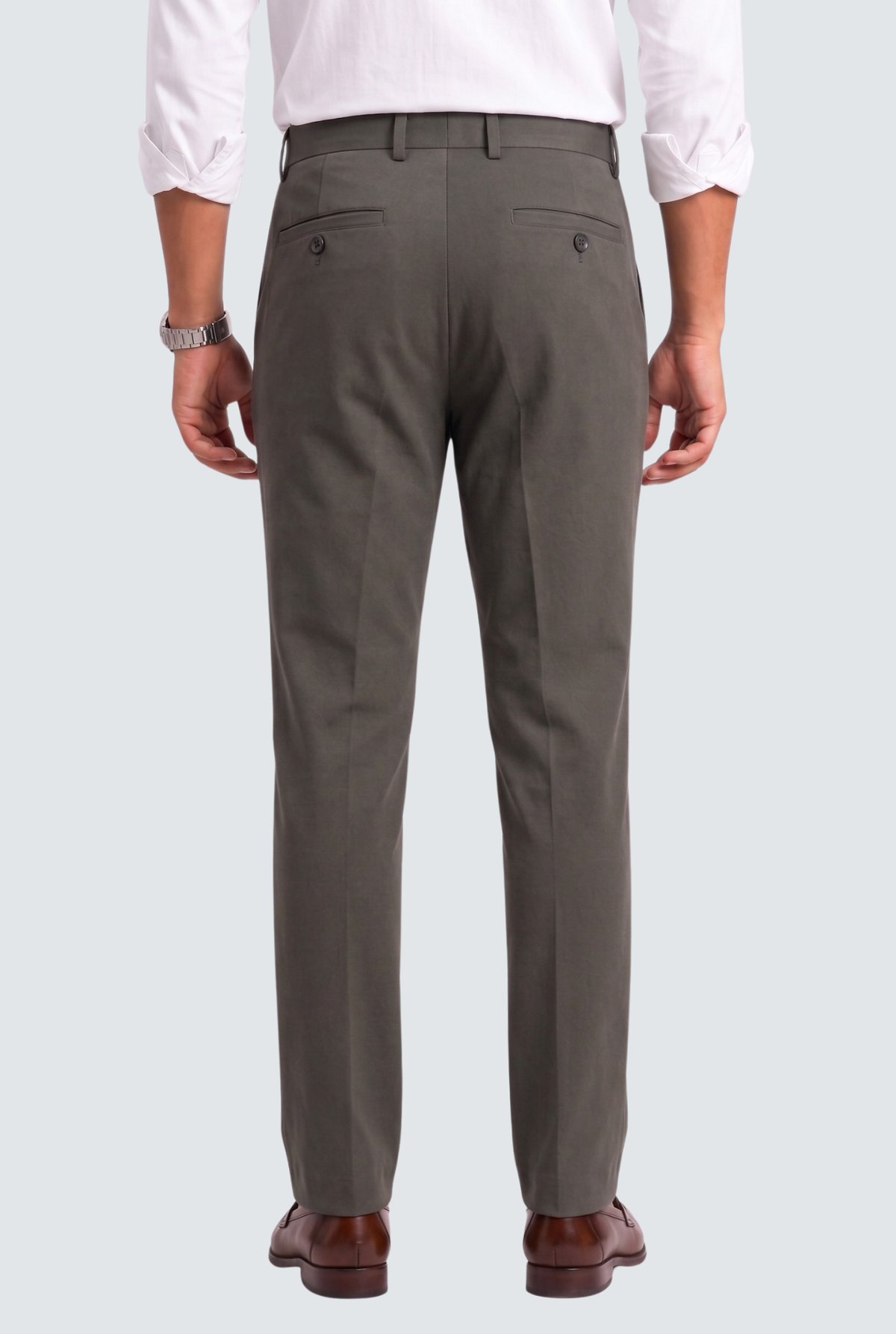Men's dark grey straight-fit gurkha trousers, back view with crease-free seat