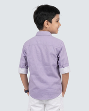 Boys lavender short-sleeve button-up shirt, back view with folded sleeves