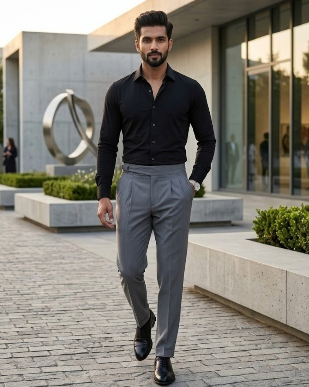 Black long-sleeve button-up shirt worn by model