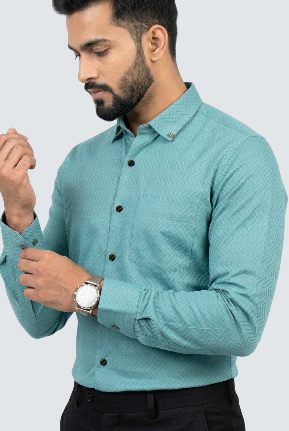 Men's slim-fit dobby cotton shirt in teal, long sleeves with button cuffs and collar.