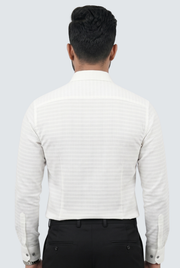 White full-sleeve button shirt back view, textured stripe fabric, stand collar