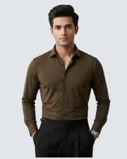 Olive-brown Lachka button-up shirt with long sleeves and dark button placket