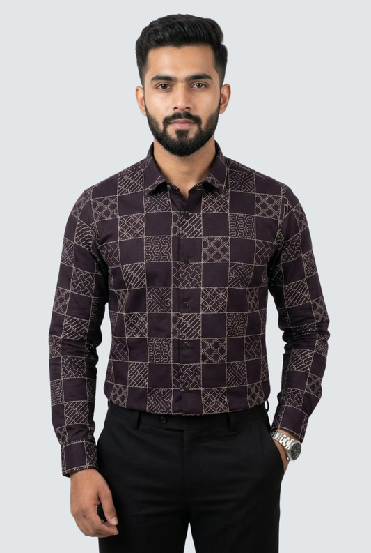Premium Cotton Dobby Print Shirt- Geometric Pattern (1812)-Brown