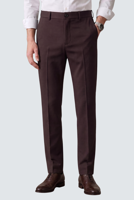 Men's dark purple slim-fit trousers with button closure and side pockets