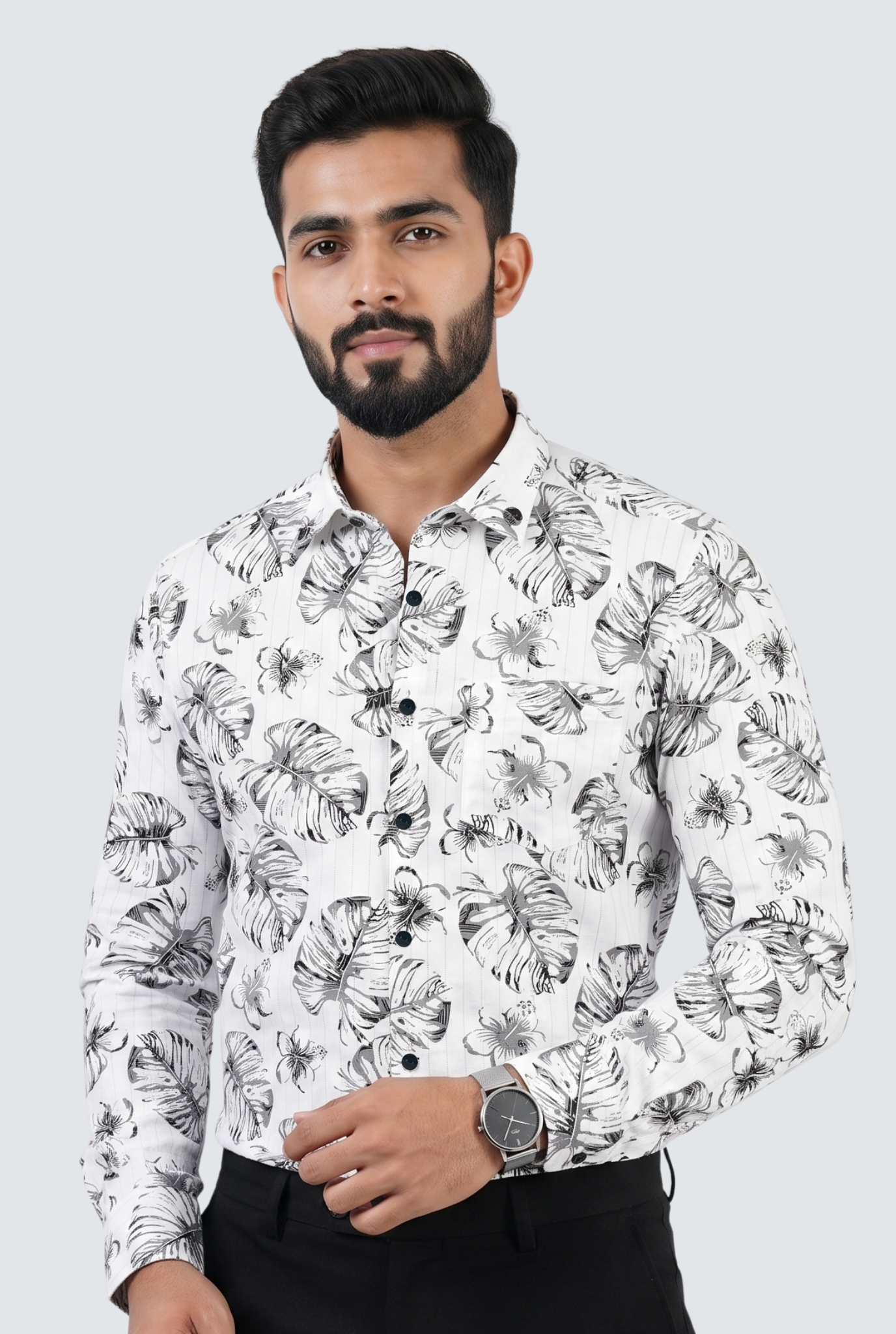 Men’s Leaf Print Dobby Cotton Shirt-White(1883)
