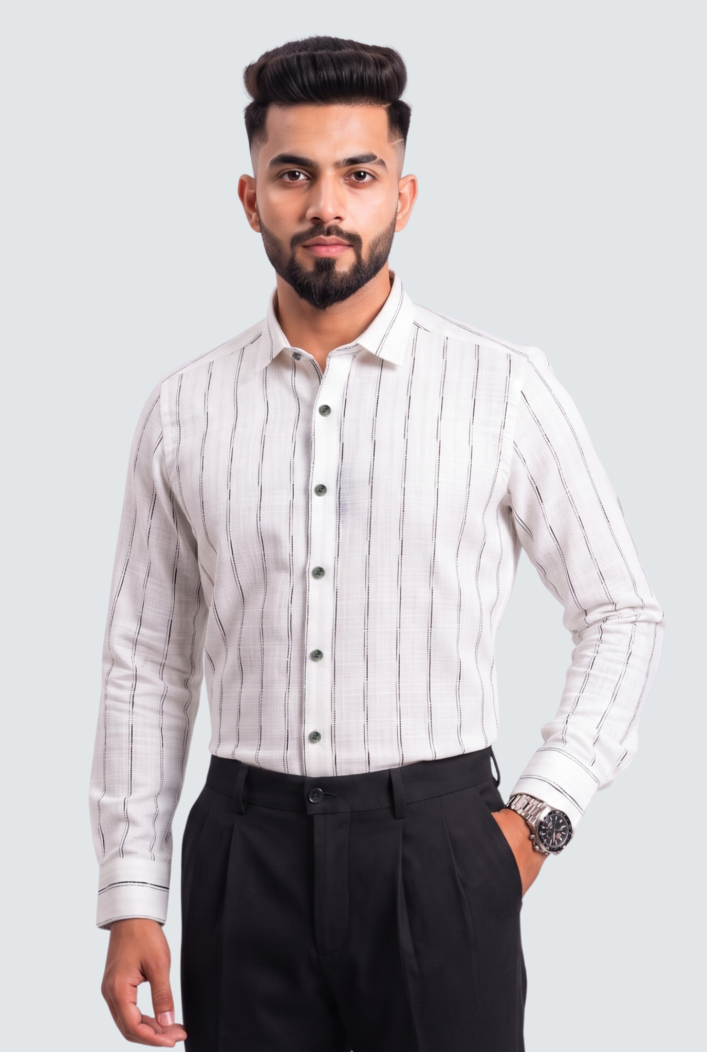 Men's linen button-up shirt in white with vertical stripe pattern, long sleeves