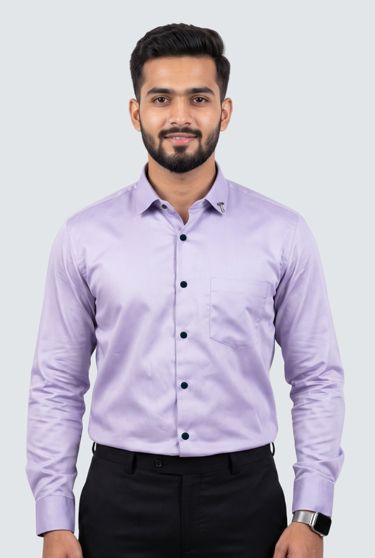 Light purple men’s satin cotton shirt with button placket and long sleeves