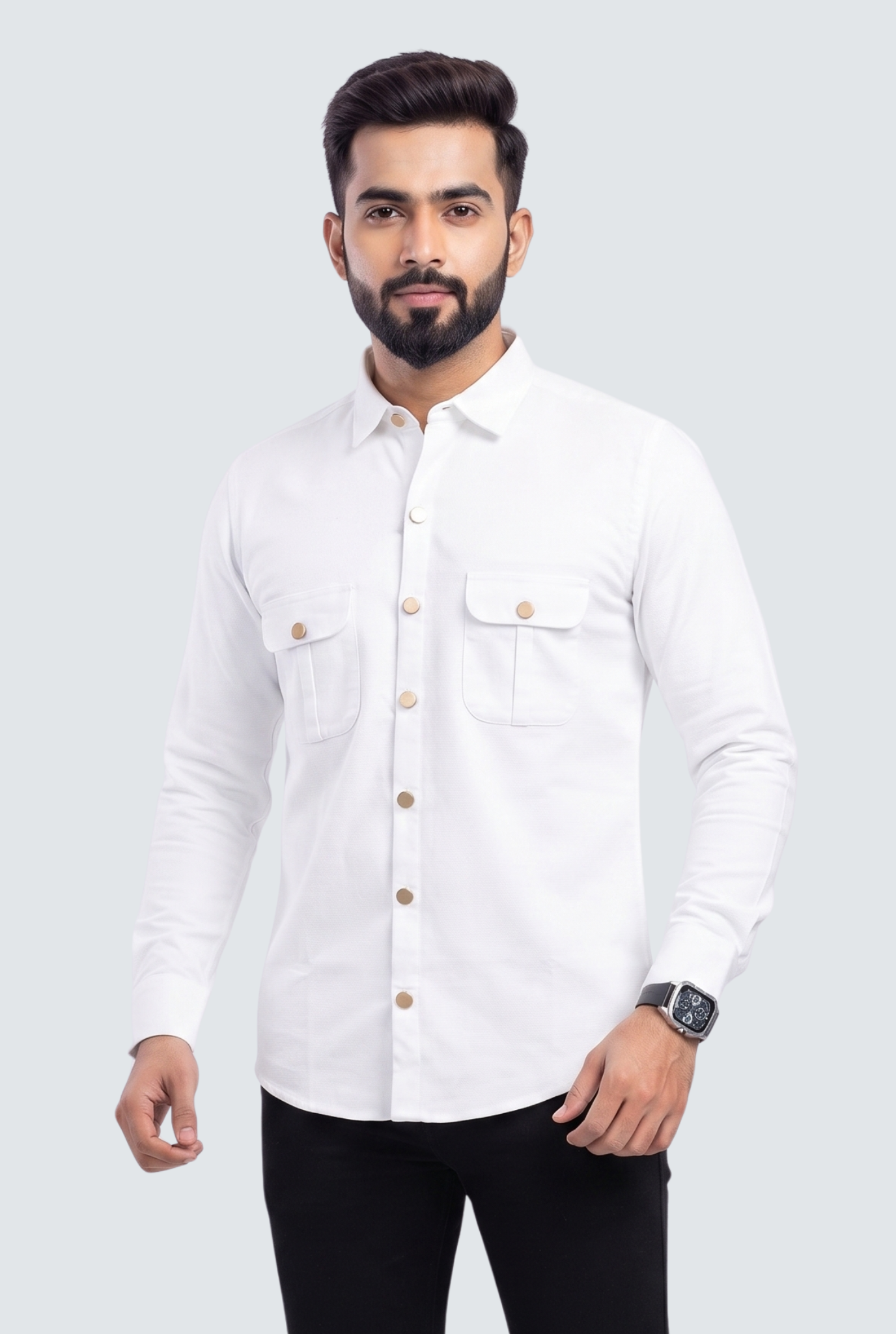 Men's White Cotton Lycra Double Pocket Full Sleeve Shirt-(1881)