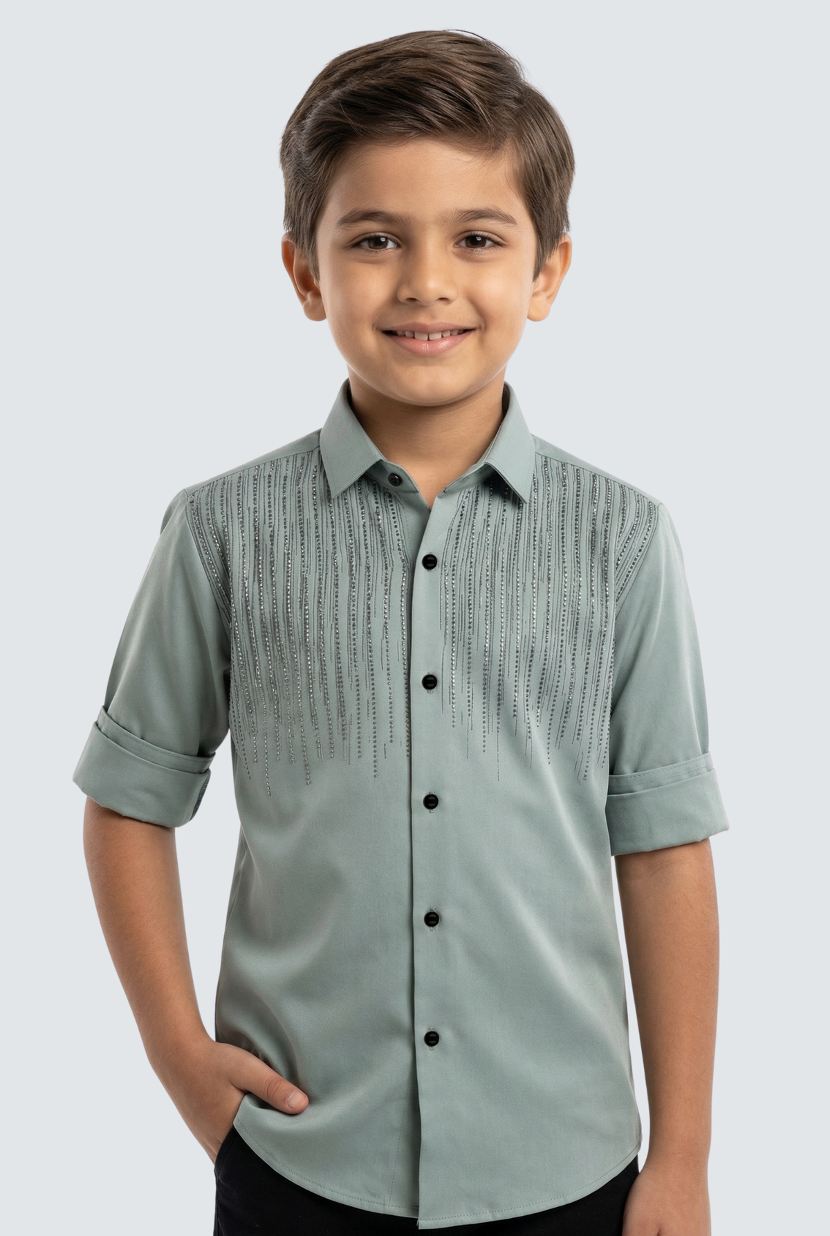 Kids button-up shirt with mint green body, vertical textured stripes, short sleeves, collar
