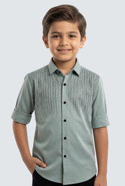 Kids button-up shirt with mint green body, vertical textured stripes, short sleeves, collar