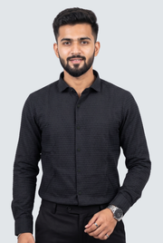 Black textured button-up shirt with long sleeves and pointed collar