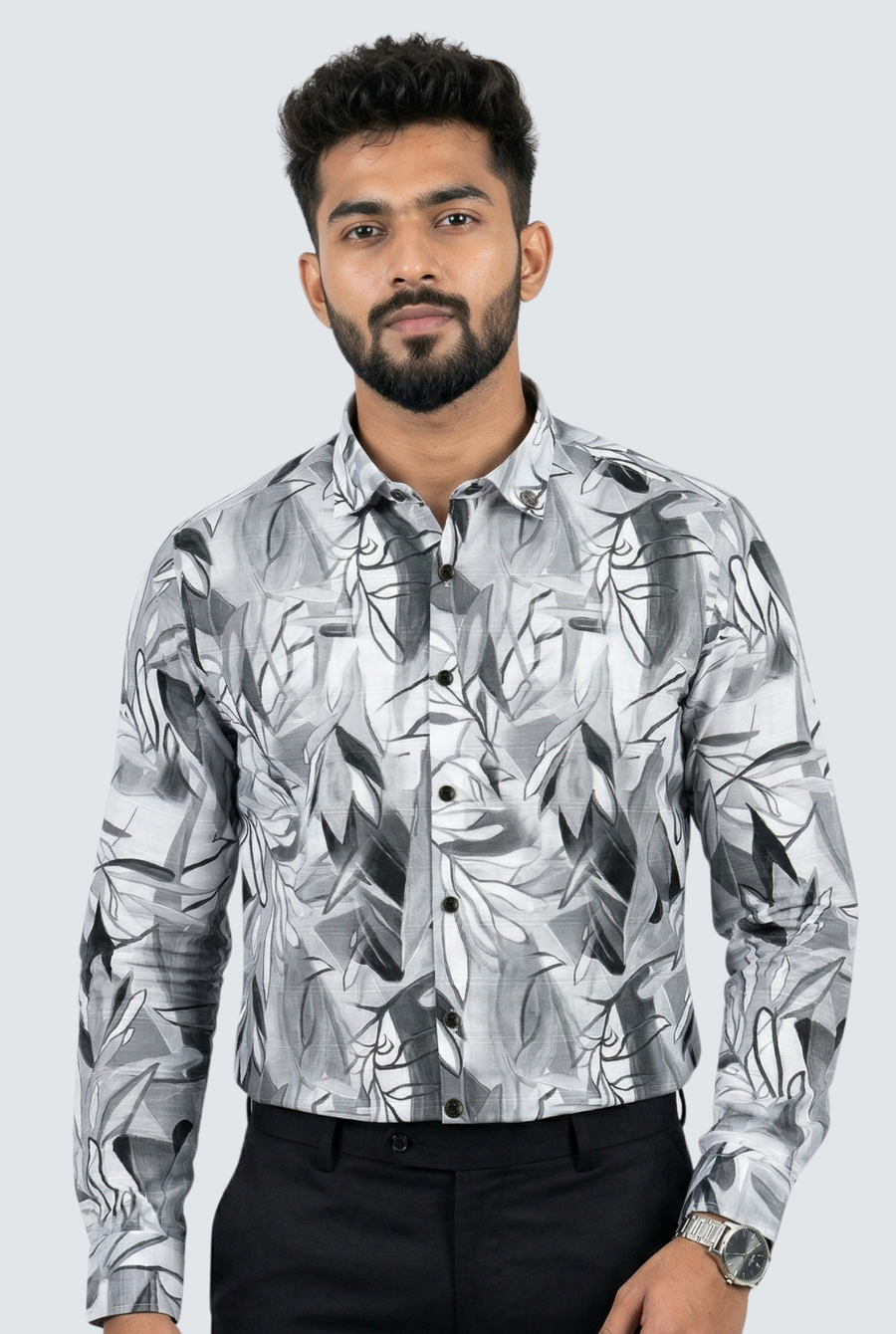 Grey dobby cotton shirt with leaf pattern, front button-up