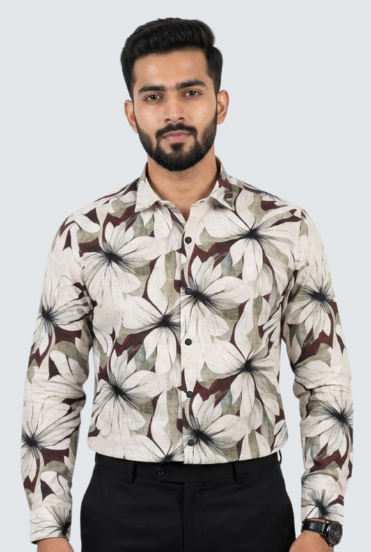 Men’s Floral Printed Casual Shirt-Wine(1887)