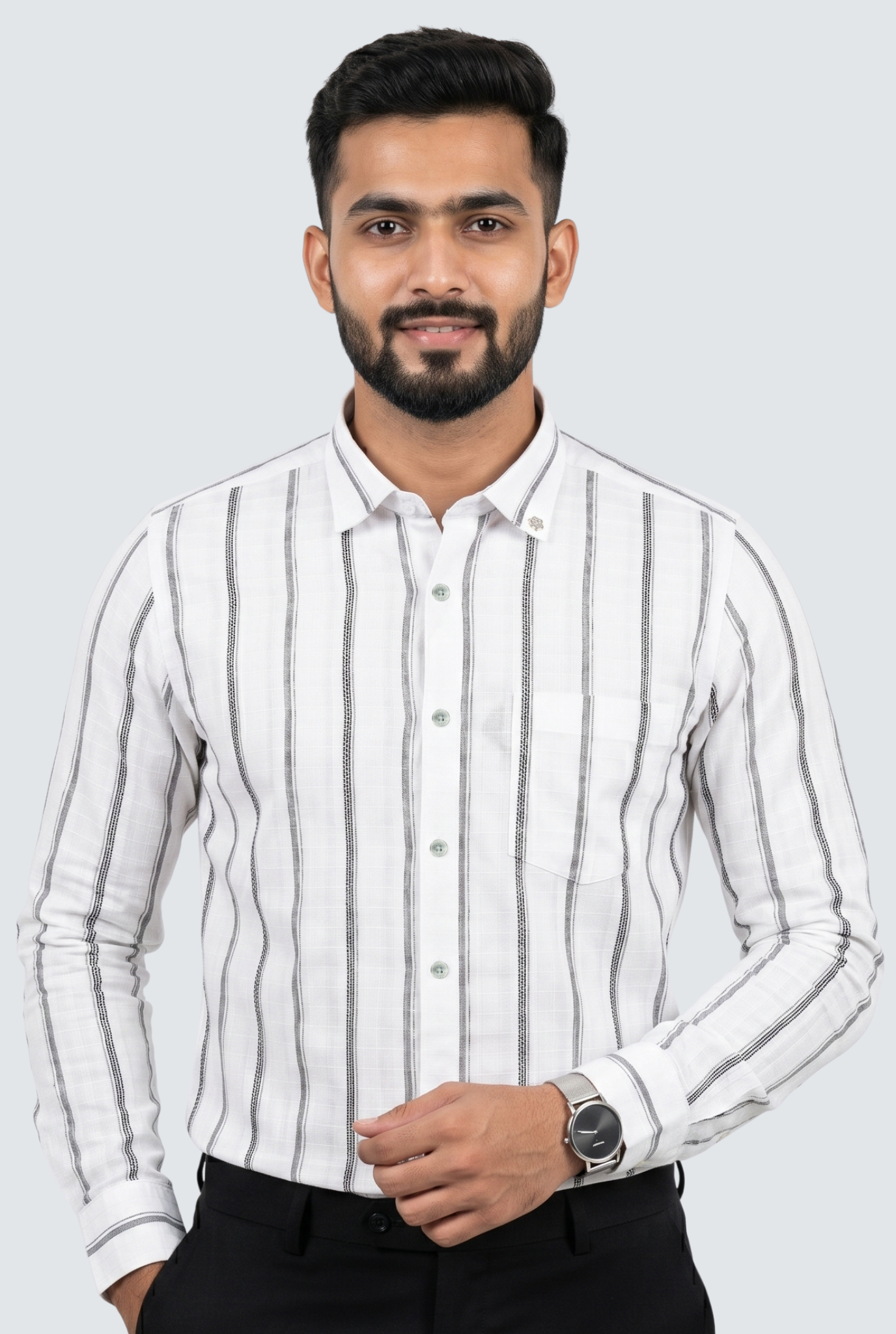 Men’s Stylish Vertical Line Pattern Casual Shirt-White(1876)