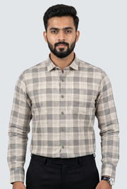 Men's grey plaid linen casual shirt, long-sleeve button-up, front view