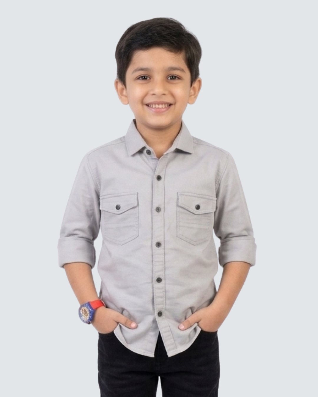Boys' grey cotton button-up shirt with two chest pockets and front buttons