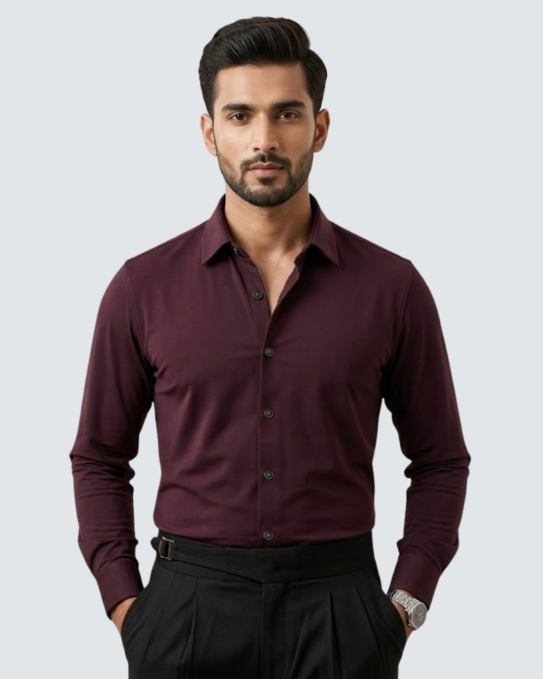 Maroon long-sleeve button-down shirt with collar and front button placket